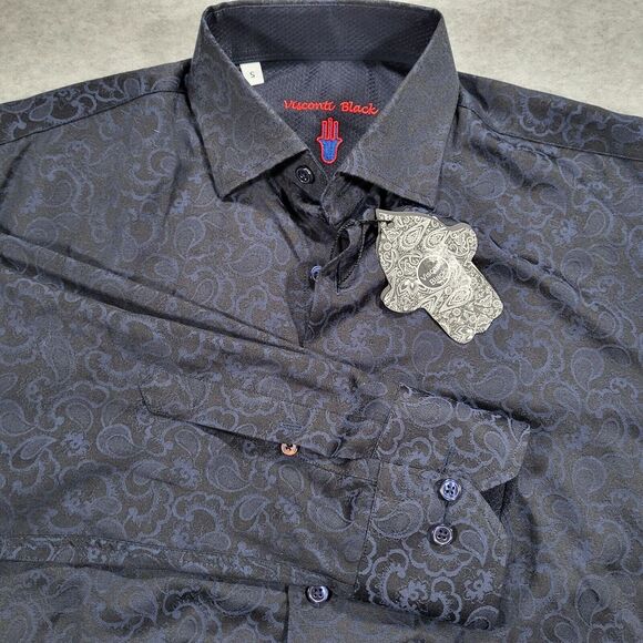 Luchiano Visconti Black Other - Luchiano Visconti Black Men's Small Navy on Black Long Sleeve Paisley Shirt‎